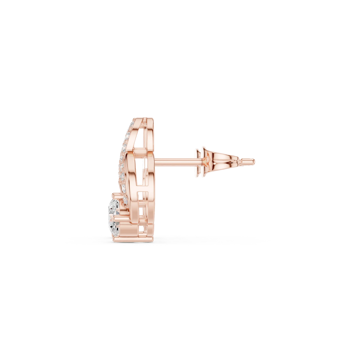 Side-Profile: Round Diamond Earring with Halo Setting in 14k Rose Gold - Lab Grown - Driona Jewels