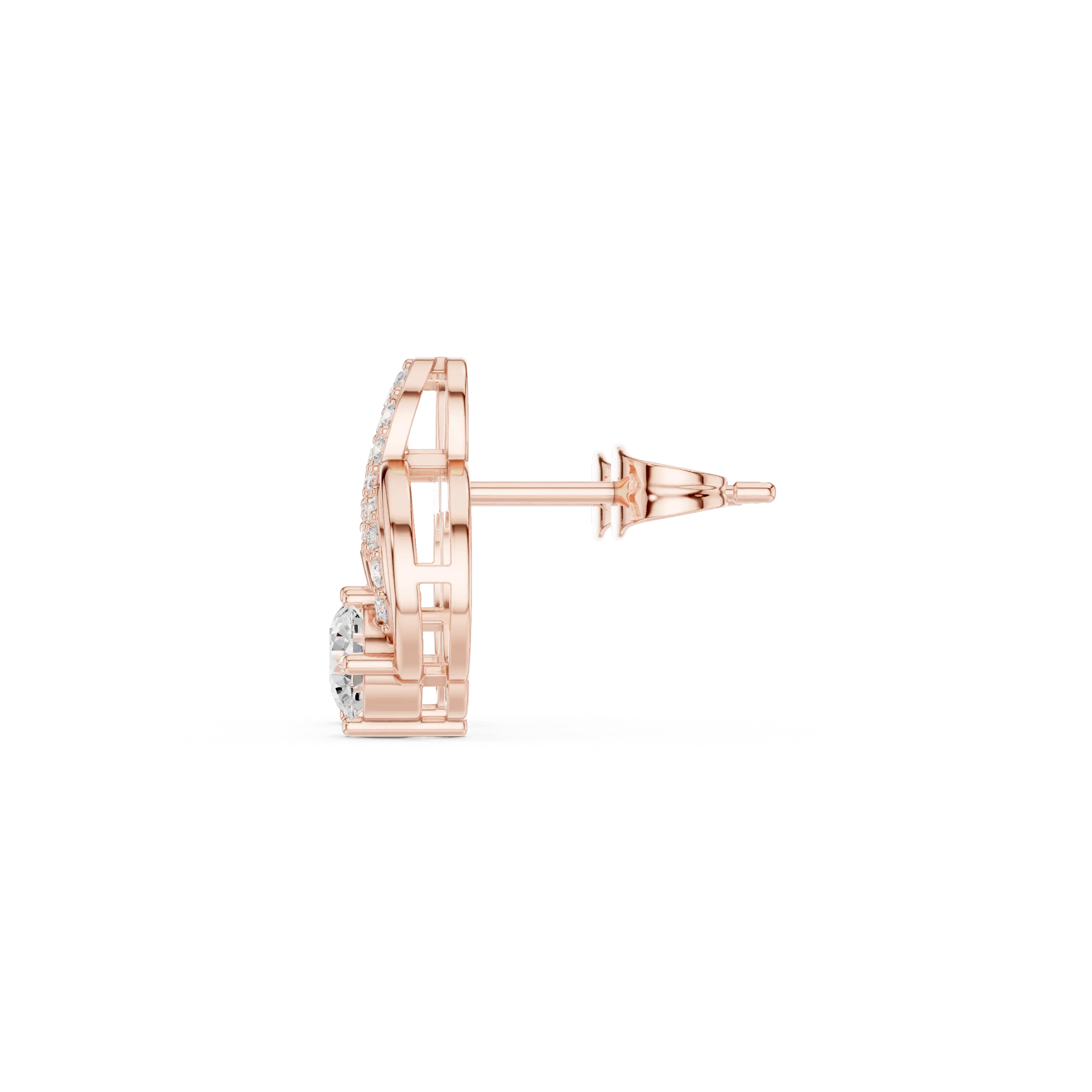 Side-Profile: Round Diamond Earring with Halo Setting in 14k Rose Gold - Lab Grown - Driona Jewels