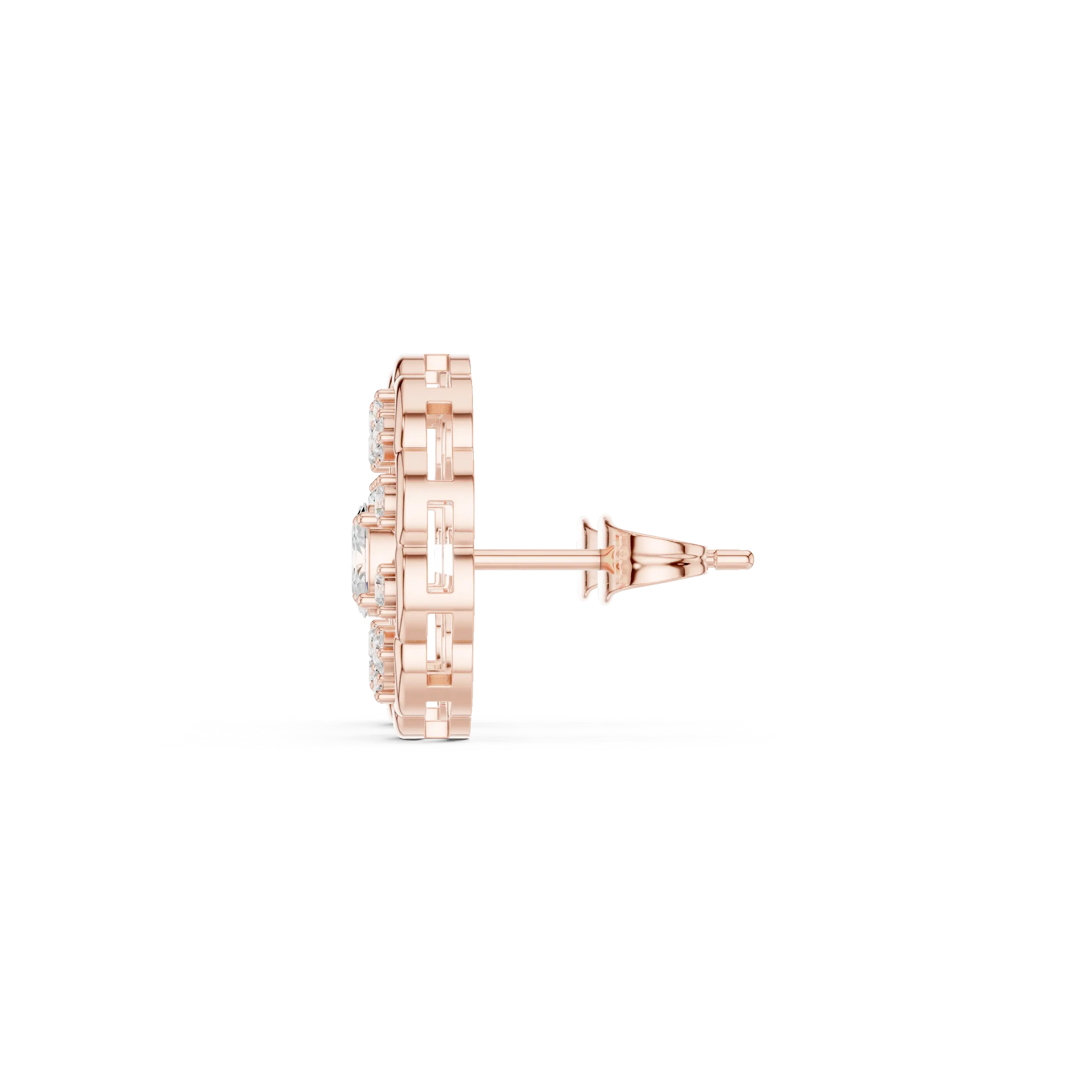 Side-Profile: Round Diamond Earring with Halo Setting in 14k Rose Gold - Lab Grown - Driona Jewels