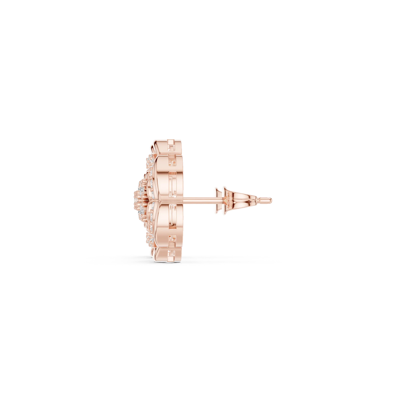 Side-Profile: Round Diamond Earring with Halo Setting in 14k Rose Gold - Lab Grown - Driona Jewels