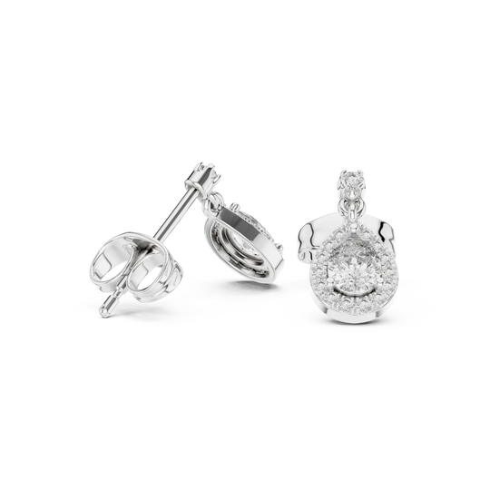 Pair-Shot: Round Diamond Earrings with Halo Setting in 14k White Gold - Lab Grown - Driona Jewels