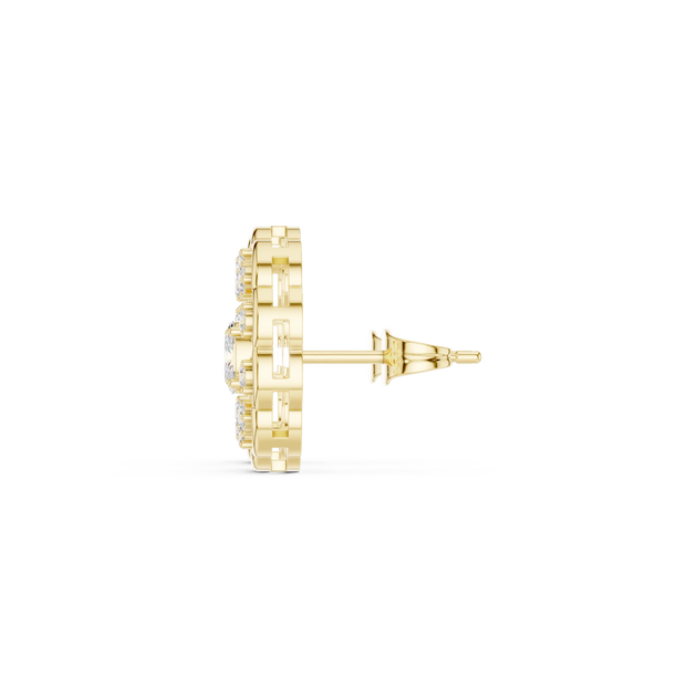 Side-Profile: Round Diamond Earring with Halo Setting in 14k Yellow Gold - Lab Grown - Driona Jewels