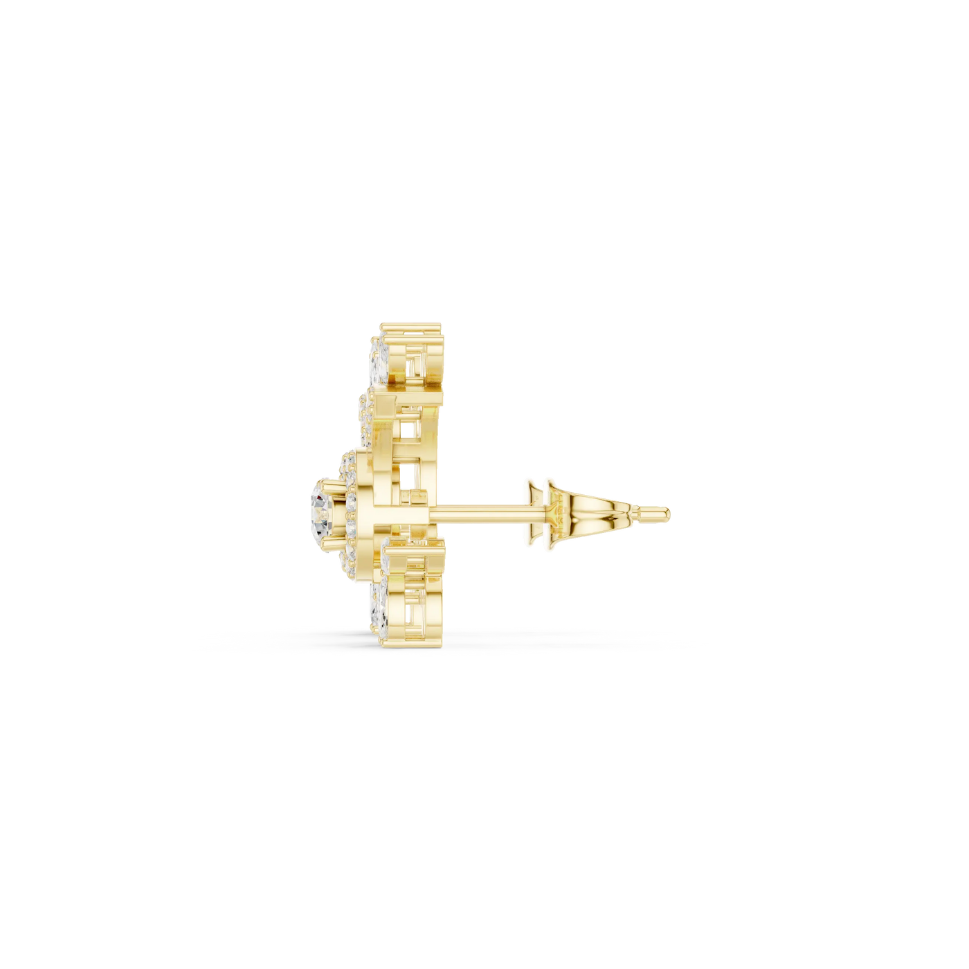 Side-Profile: Round Diamond Earring with Halo Setting in 14k Yellow Gold - Lab Grown - Driona Jewels