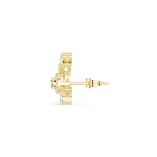 Side-Profile: Round Diamond Earring with Halo Setting in 14k Yellow Gold - Lab Grown - Driona Jewels