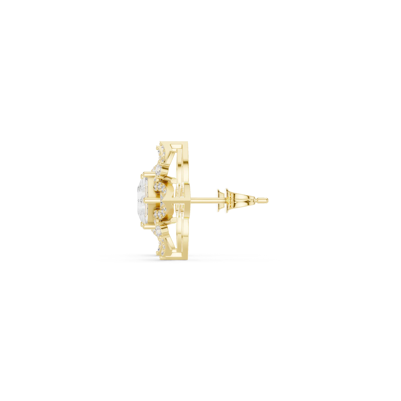 Side-Profile: Round Diamond Earring with Halo Setting in 14k Yellow Gold - Lab Grown - Driona Jewels