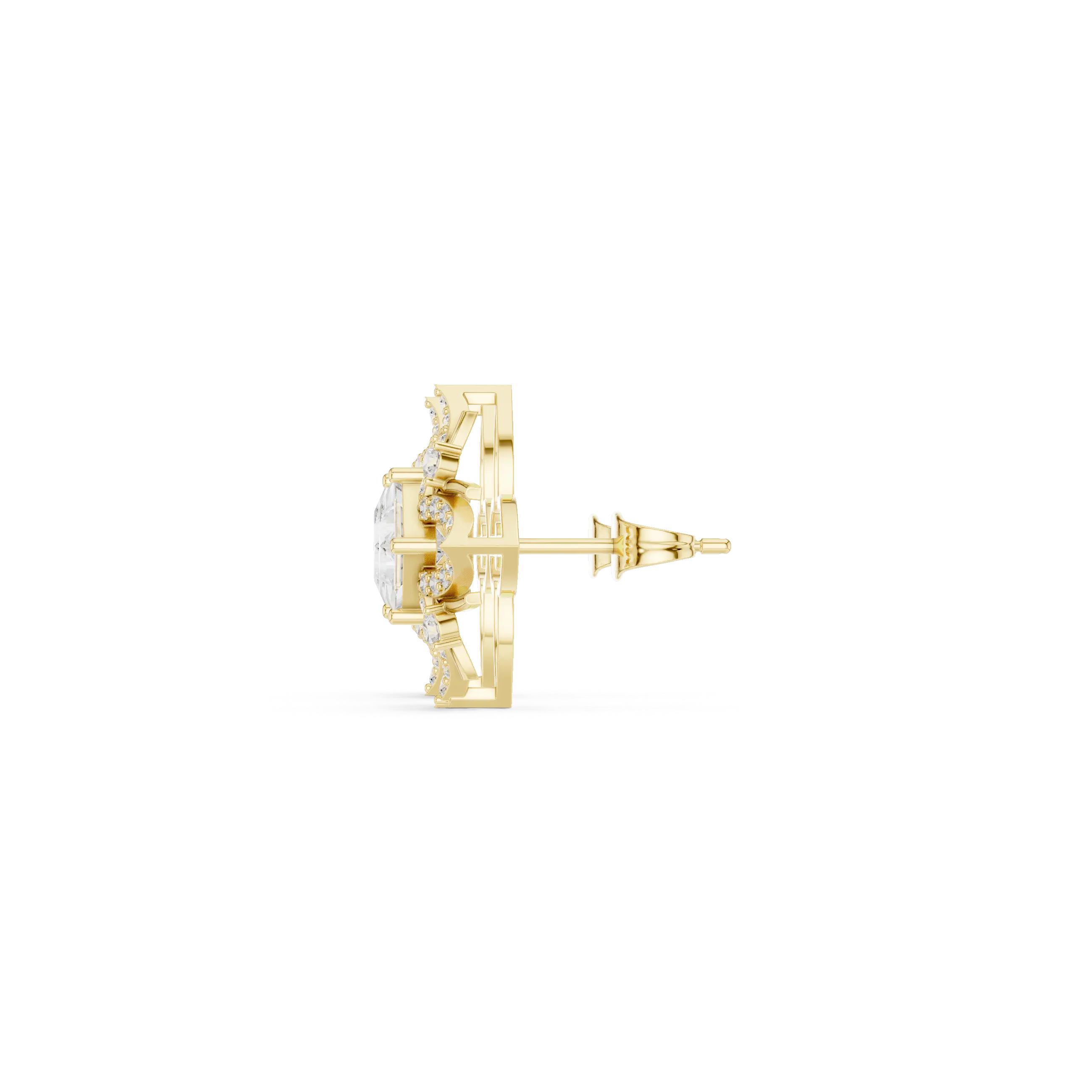 Side-Profile: Round Diamond Earring with Halo Setting in 14k Yellow Gold - Lab Grown - Driona Jewels