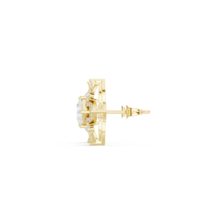 Side-Profile: Round Diamond Earring with Halo Setting in 14k Yellow Gold - Lab Grown - Driona Jewels