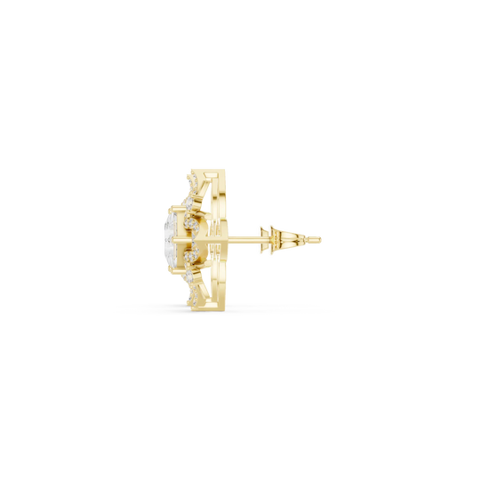 Side-Profile: Round Diamond Earring with Halo Setting in 14k Yellow Gold - Lab Grown - Driona Jewels