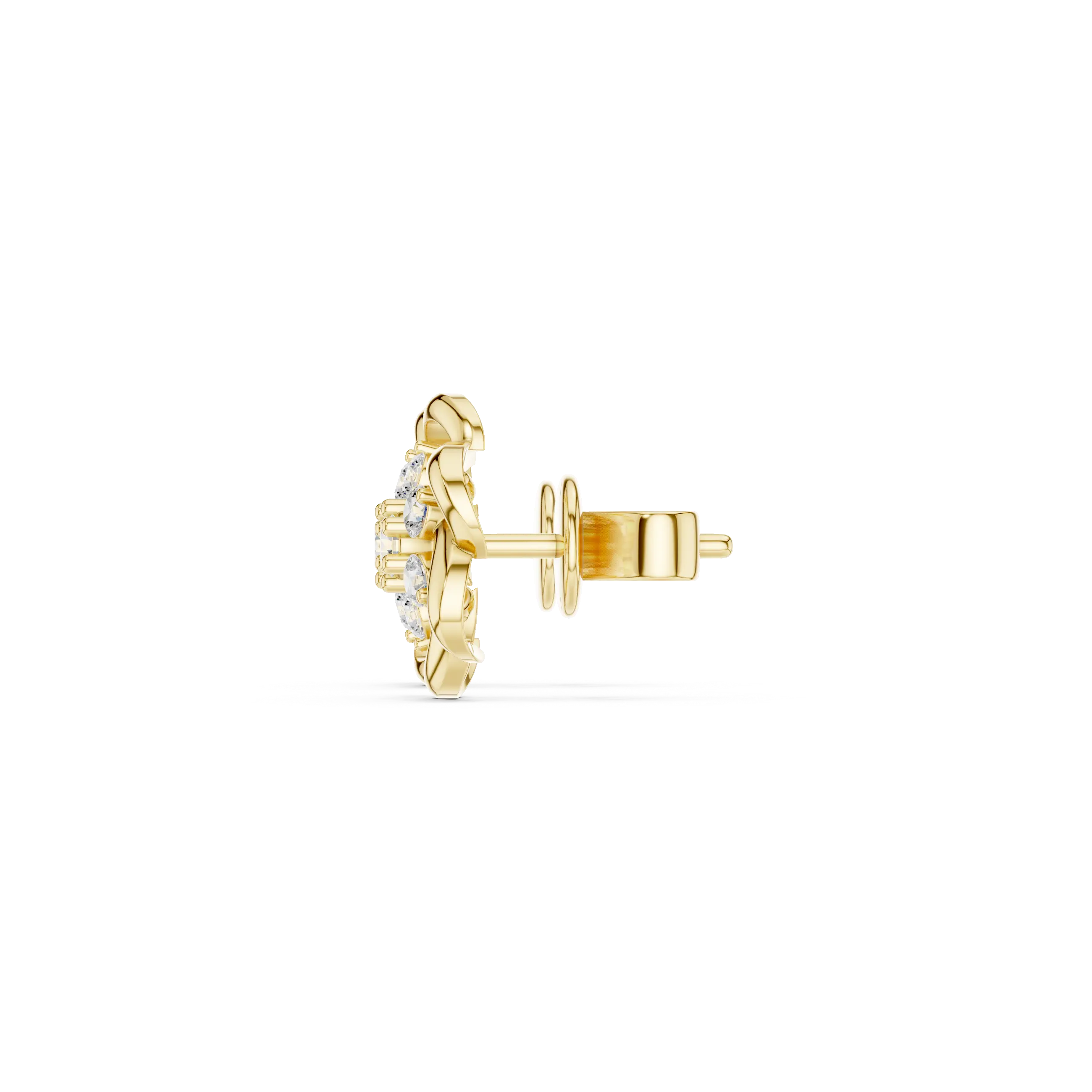 Side-Profile: Round Diamond Earring with Halo Setting in 14k Yellow Gold - Lab Grown - Driona Jewels
