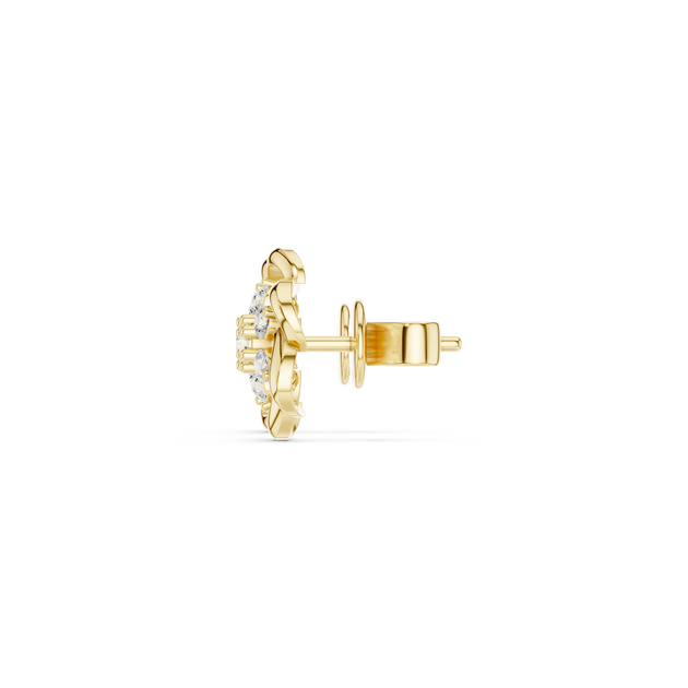Side-Profile: Round Diamond Earring with Halo Setting in 14k Yellow Gold - Lab Grown - Driona Jewels