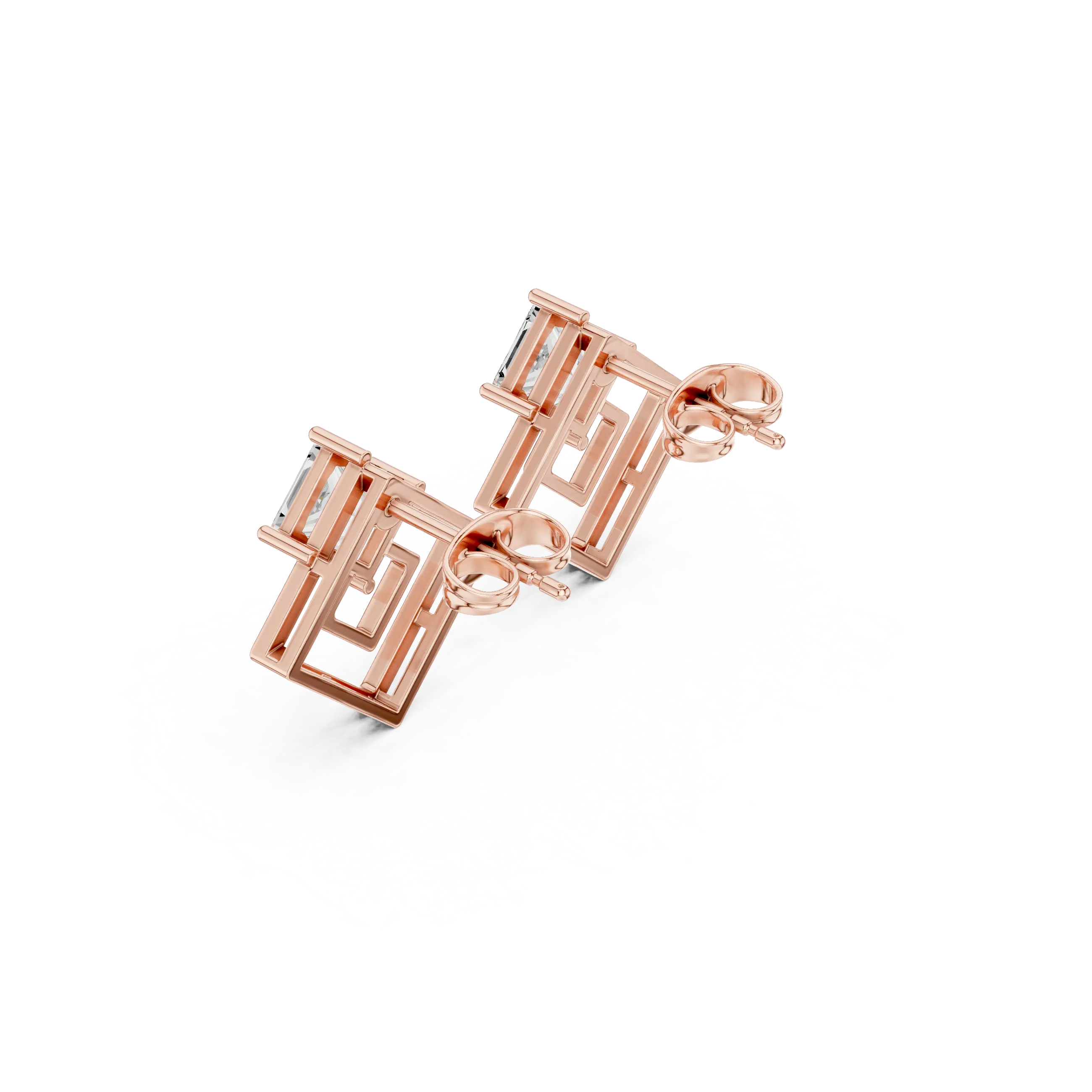Back-View: Square Diamond Earrings with Halo Setting in 14k Rose Gold - Lab Grown - Driona Jewels