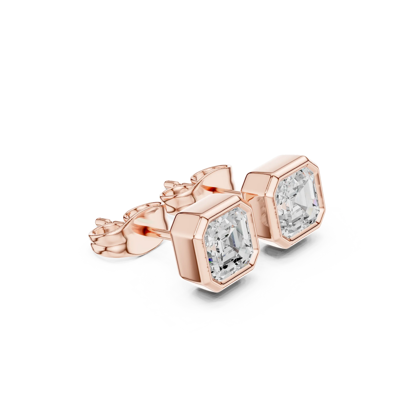 Pair Shot: Asscher Diamond Earrings with Bezel Setting in 14k Rose Gold - Lab Grown - Driona Jewels