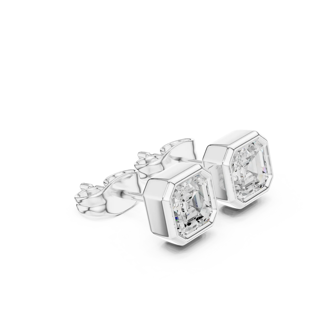 Pair Shot: Asscher Diamond Earrings with Bezel Setting in 14k White Gold - Lab Grown - Driona Jewels