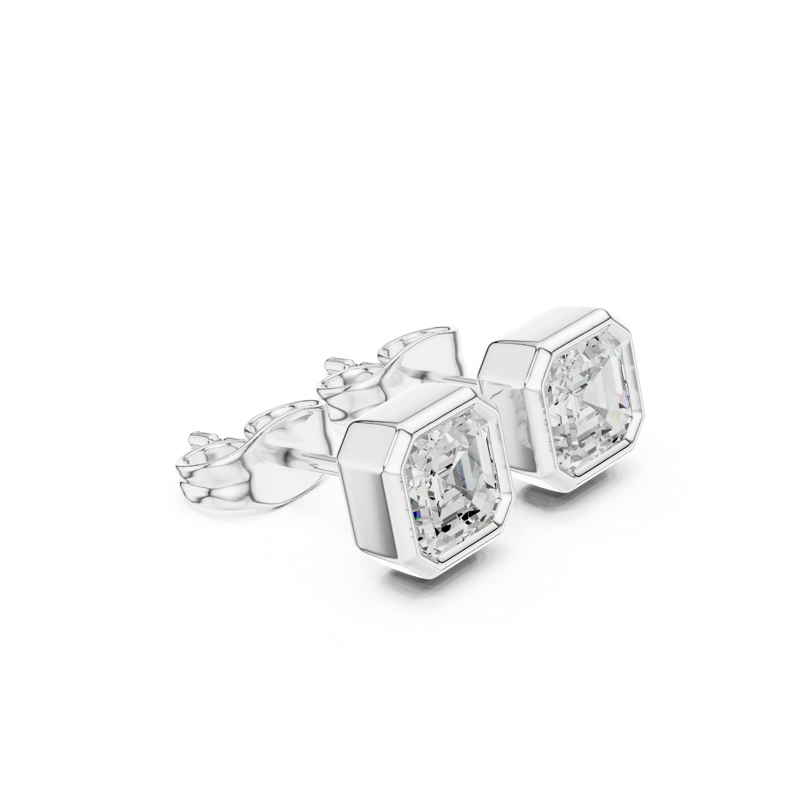 Pair Shot: Asscher Diamond Earrings with Bezel Setting in 14k White Gold - Lab Grown - Driona Jewels