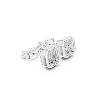 Pair Shot: Asscher Diamond Earrings with Bezel Setting in 14k White Gold - Lab Grown - Driona Jewels