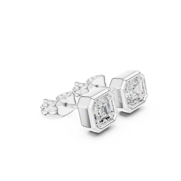 Pair Shot: Asscher Diamond Earrings with Bezel Setting in 14k White Gold - Lab Grown - Driona Jewels