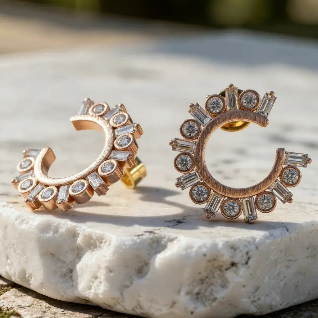 Pair Shot: Baguette Diamond Earrings with Bezel Setting in 14k Yellow Gold - Lab Grown - Driona Jewels