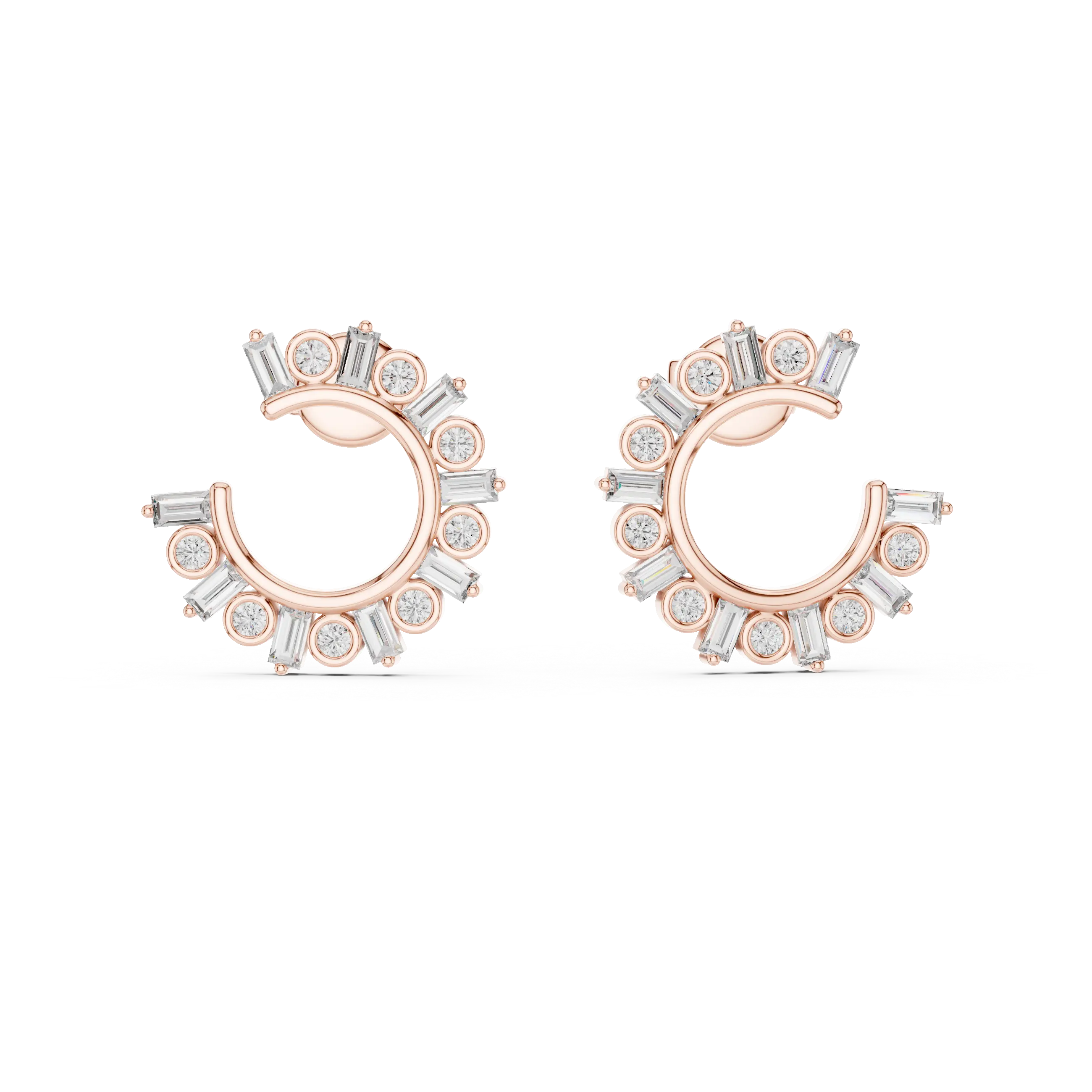 Flat-Lay: Baguette Diamond Earrings with Halo Setting in 14k Rose Gold - Lab Grown - Driona Jewels