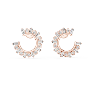 Flat-Lay: Baguette Diamond Earrings with Halo Setting in 14k Rose Gold - Lab Grown - Driona Jewels