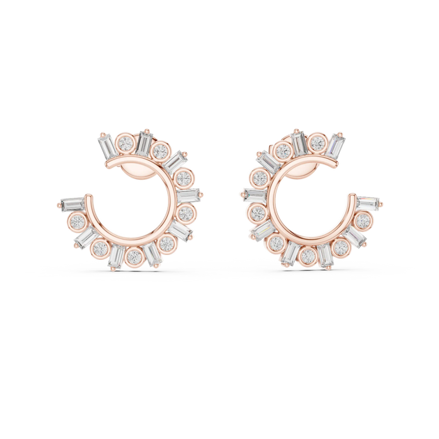 Flat-Lay: Baguette Diamond Earrings with Halo Setting in 14k Rose Gold - Lab Grown - Driona Jewels