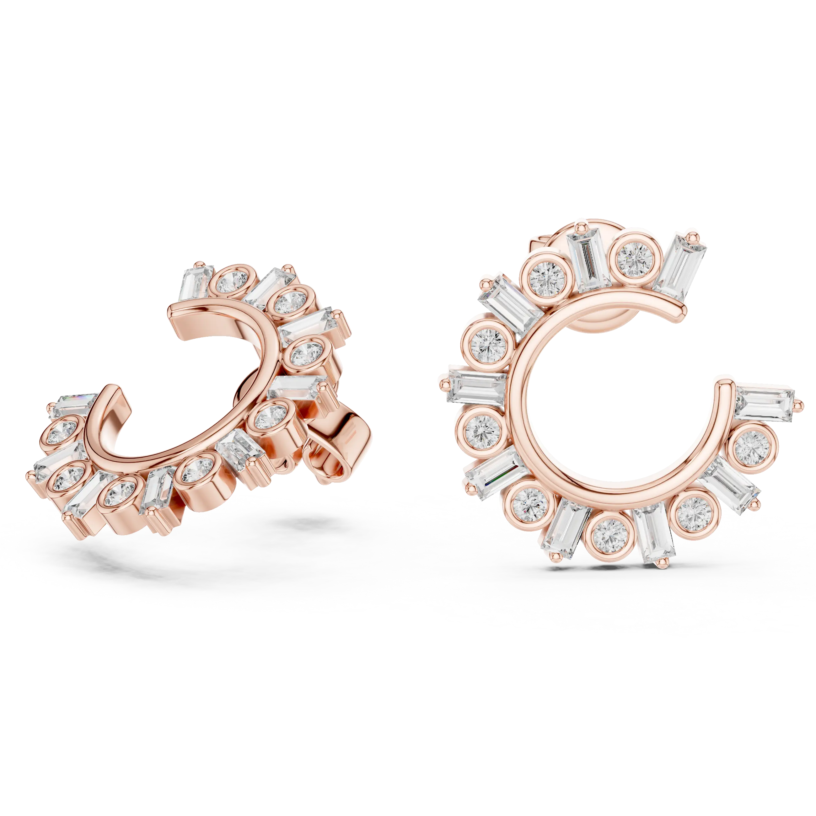 Pair-Shot: Baguette Diamond Earrings with Halo Setting in 14k Rose Gold - Lab Grown - Driona Jewels
