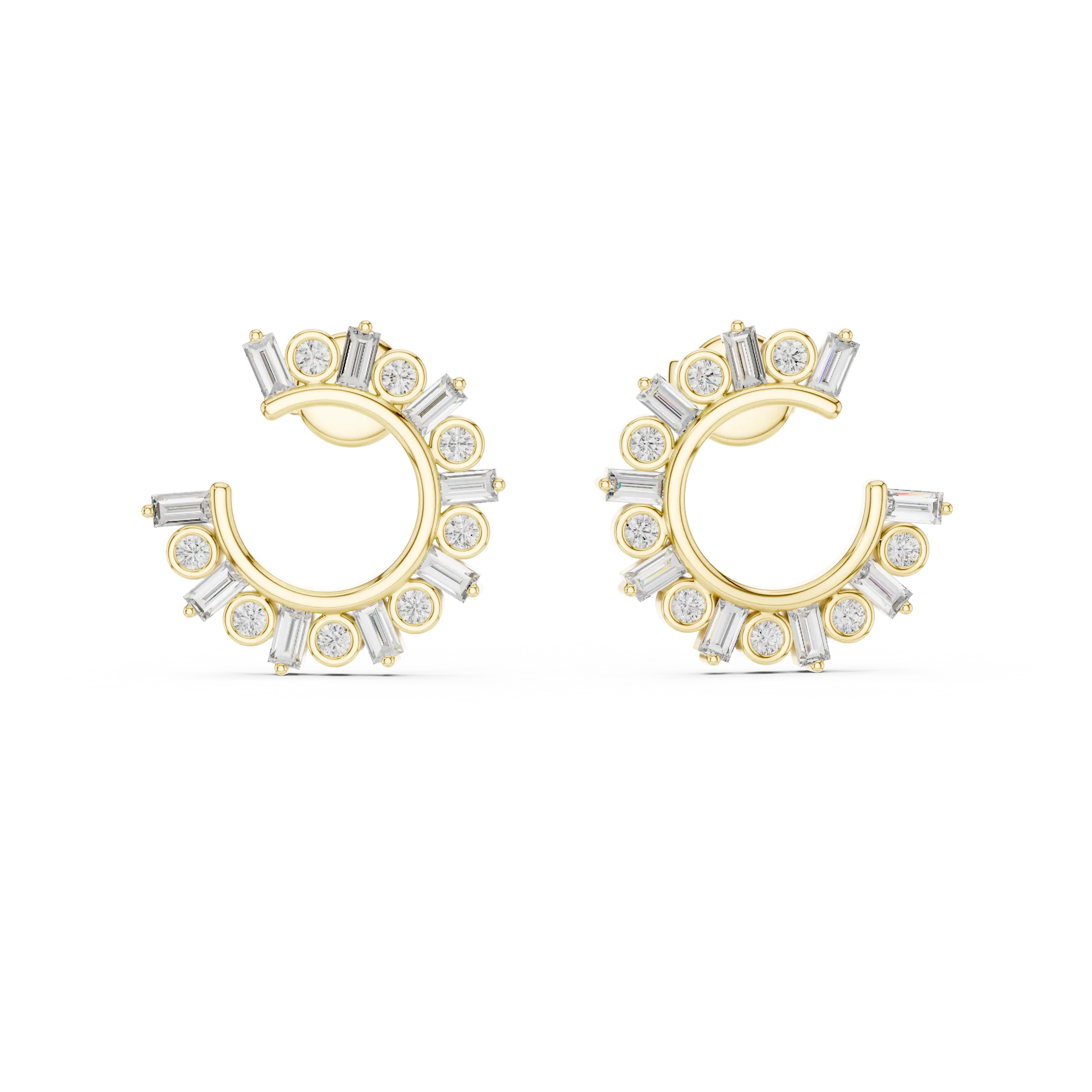Pair-Shot: Baguette Diamond Earrings with Halo Setting in 14k Yellow Gold - Lab Grown - Driona Jewels