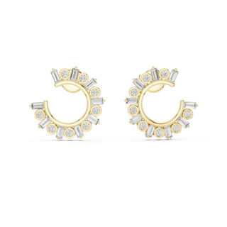 Pair-Shot: Baguette Diamond Earrings with Halo Setting in 14k Yellow Gold - Lab Grown - Driona Jewels