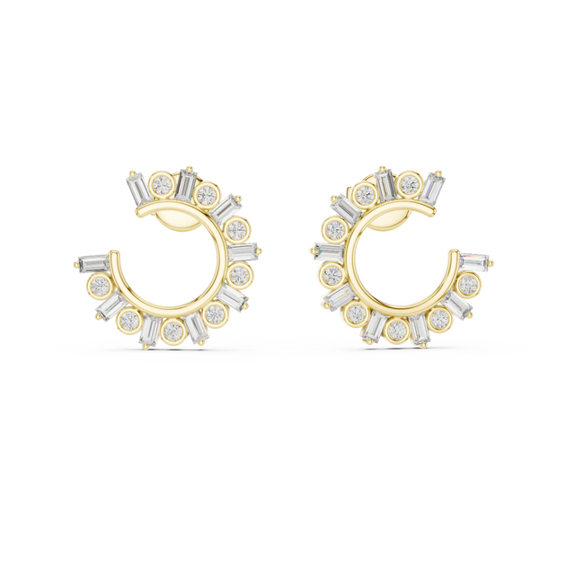 Pair-Shot: Baguette Diamond Earrings with Halo Setting in 14k Yellow Gold - Lab Grown - Driona Jewels