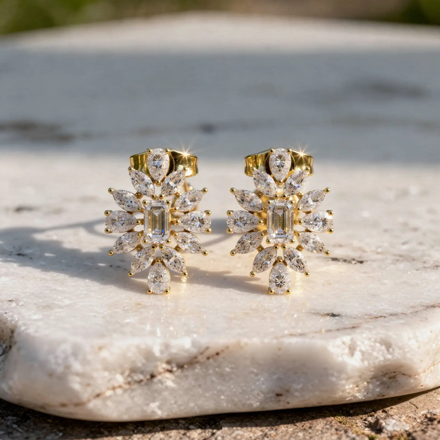 Pair Shot: Cluster Diamond Earrings with Cluster Setting in 14k Yellow Gold - Lab Grown - Driona Jewels