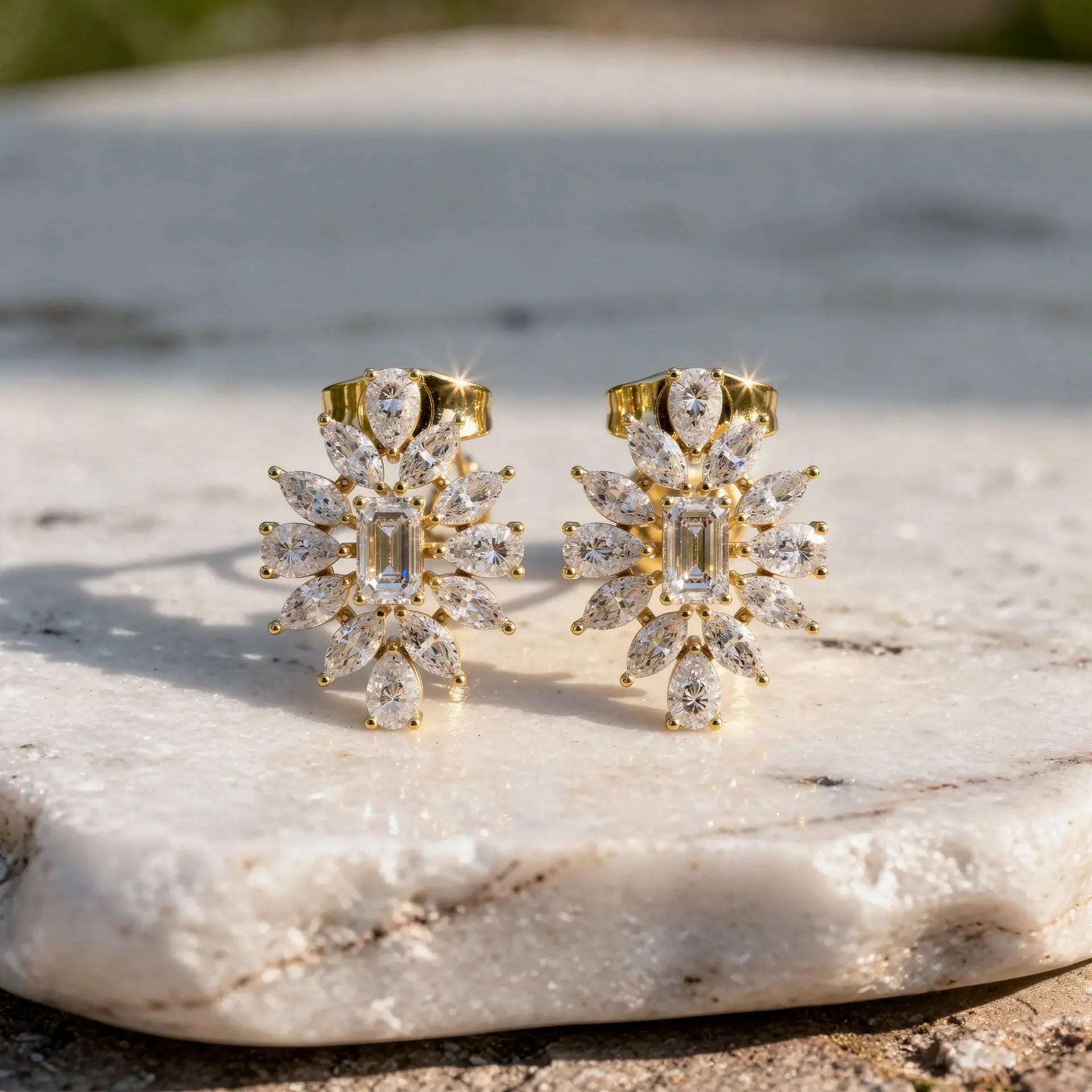 Pair Shot: Cluster Diamond Earrings with Cluster Setting in 14k Yellow Gold - Lab Grown - Driona Jewels