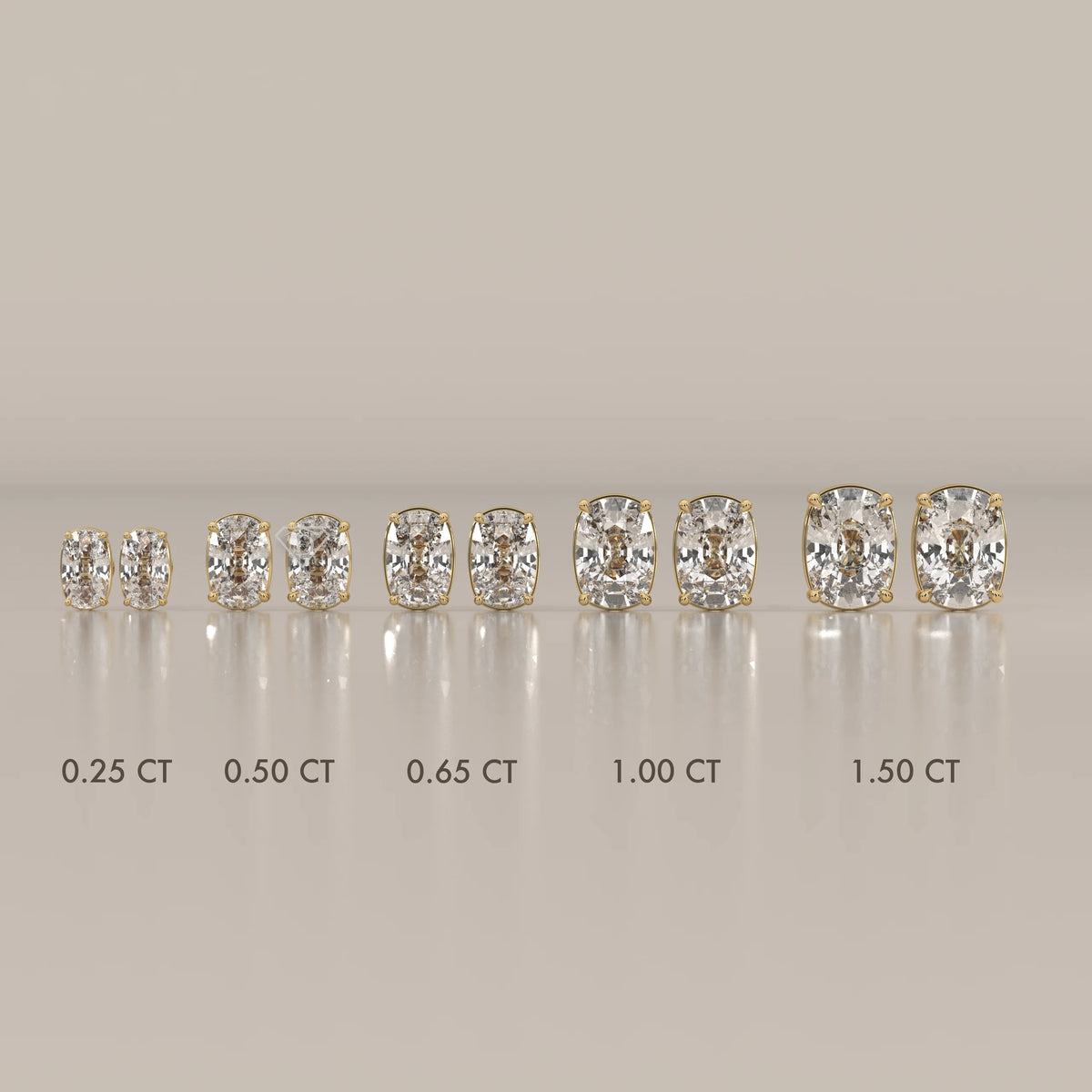 A collection of cushion-cut diamond stud earrings in yellow gold, shown in varying sizes.