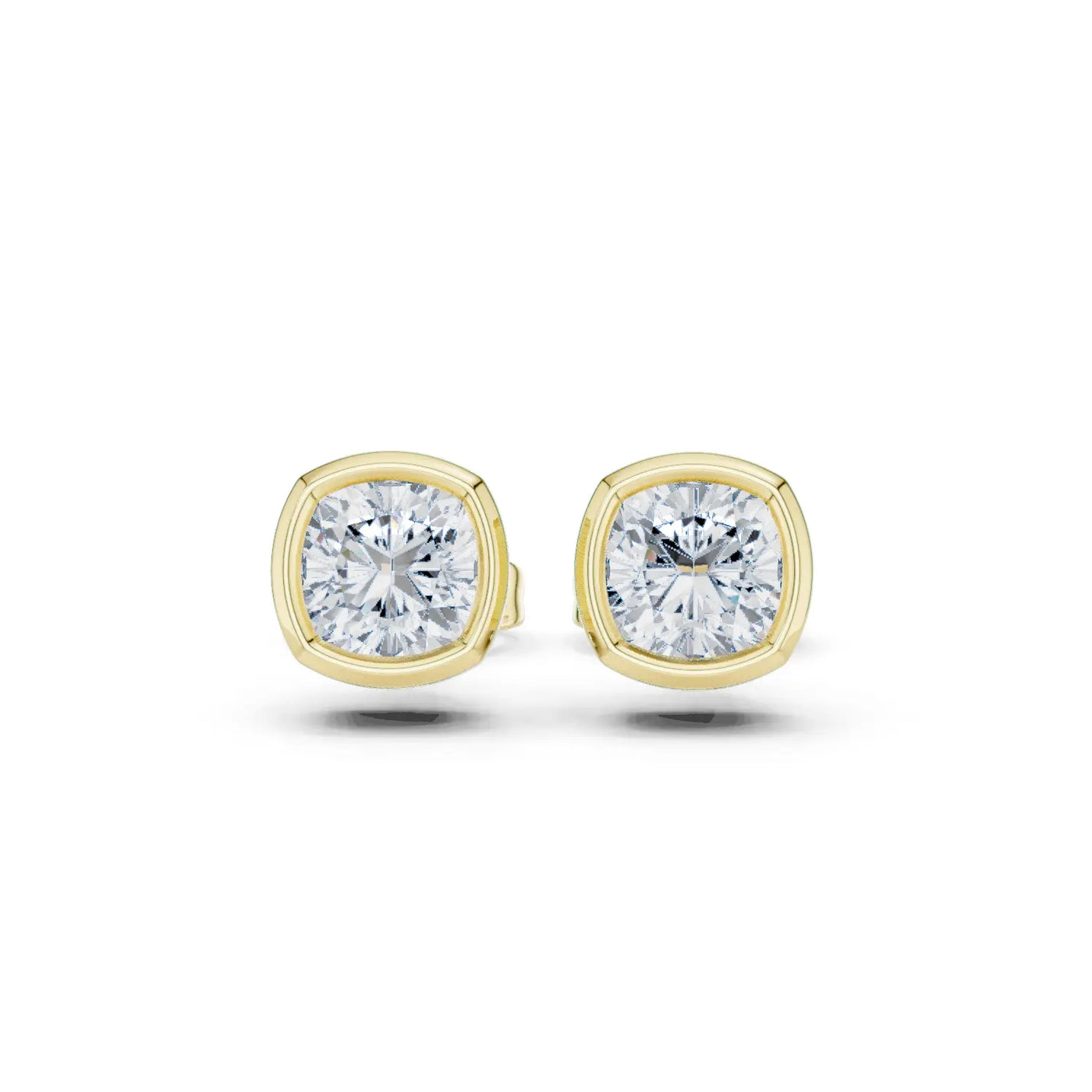 Pair Shot: Cushion Diamond Studs with Bezel Setting in 14k Yellow Gold - Lab Grown - Driona Jewels