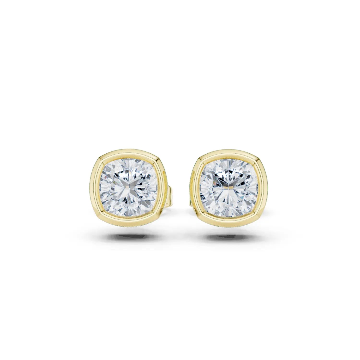 Pair Shot: Cushion Diamond Studs with Bezel Setting in 14k Yellow Gold - Lab Grown - Driona Jewels