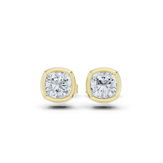 Pair Shot: Cushion Diamond Studs with Bezel Setting in 14k Yellow Gold - Lab Grown - Driona Jewels