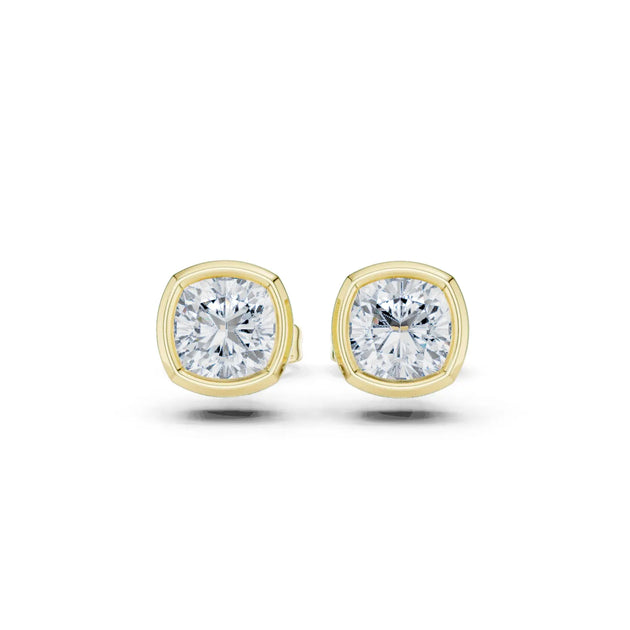 Pair Shot: Cushion Diamond Studs with Bezel Setting in 14k Yellow Gold - Lab Grown - Driona Jewels