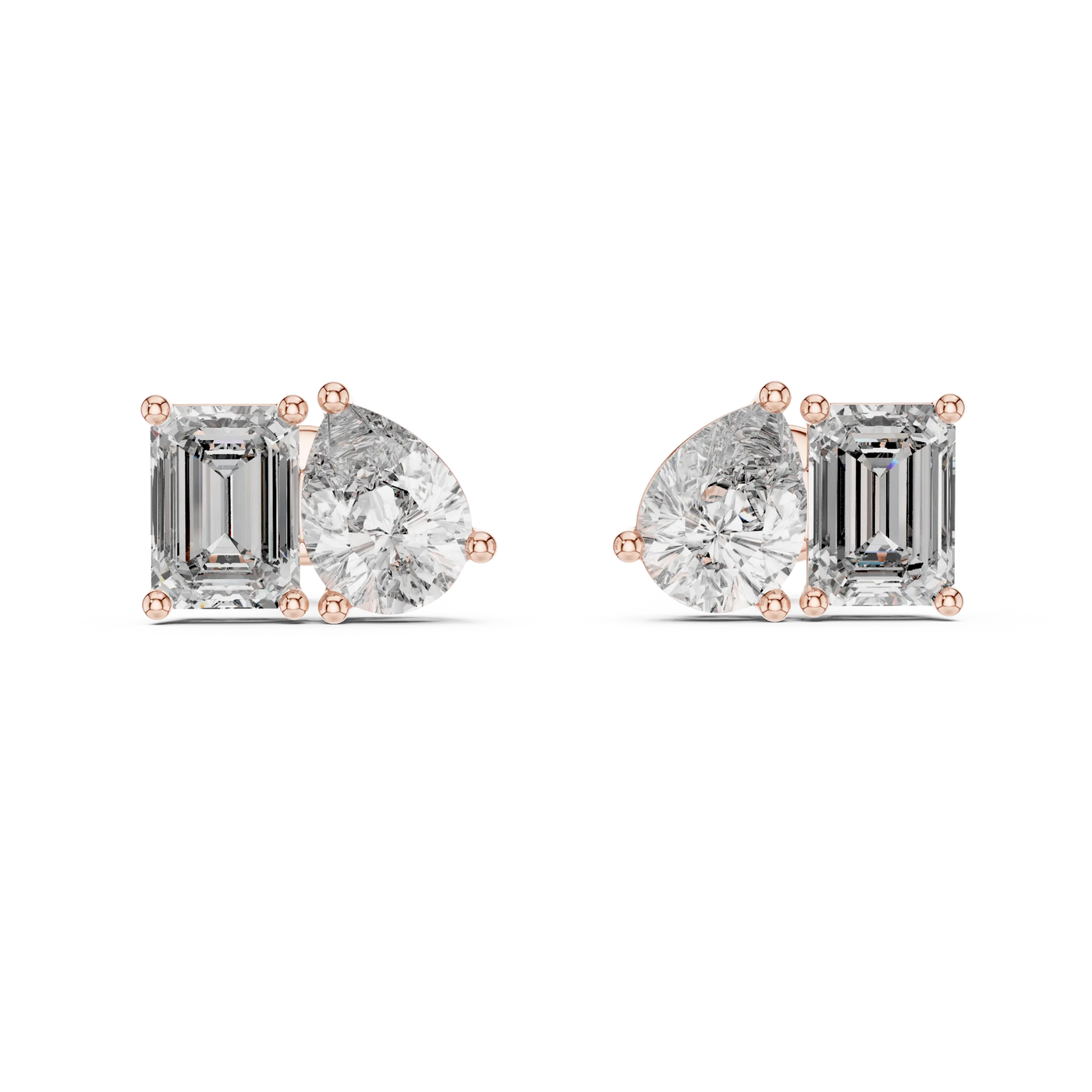 Pair-Shot: Emerald Cut Diamond Earrings with Bezel Setting in 14k Rose Gold - Lab Grown - Driona Jewels