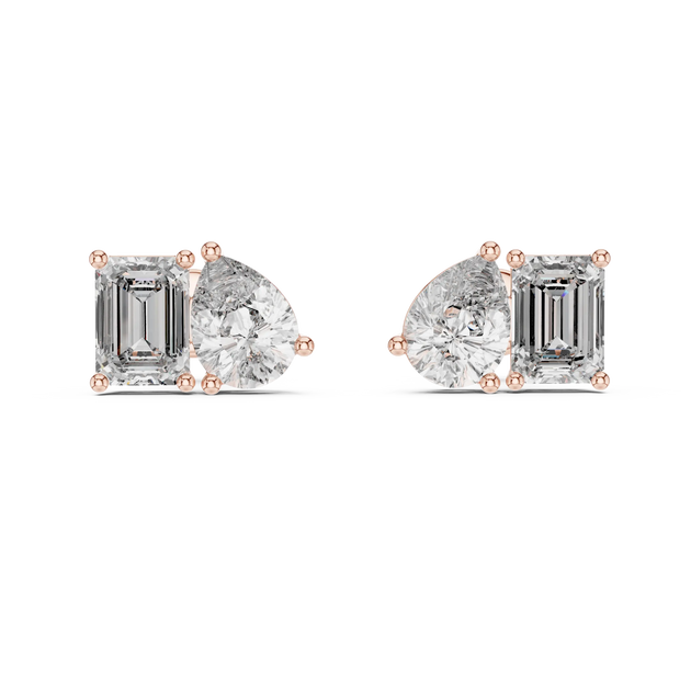 Pair-Shot: Emerald Cut Diamond Earrings with Bezel Setting in 14k Rose Gold - Lab Grown - Driona Jewels