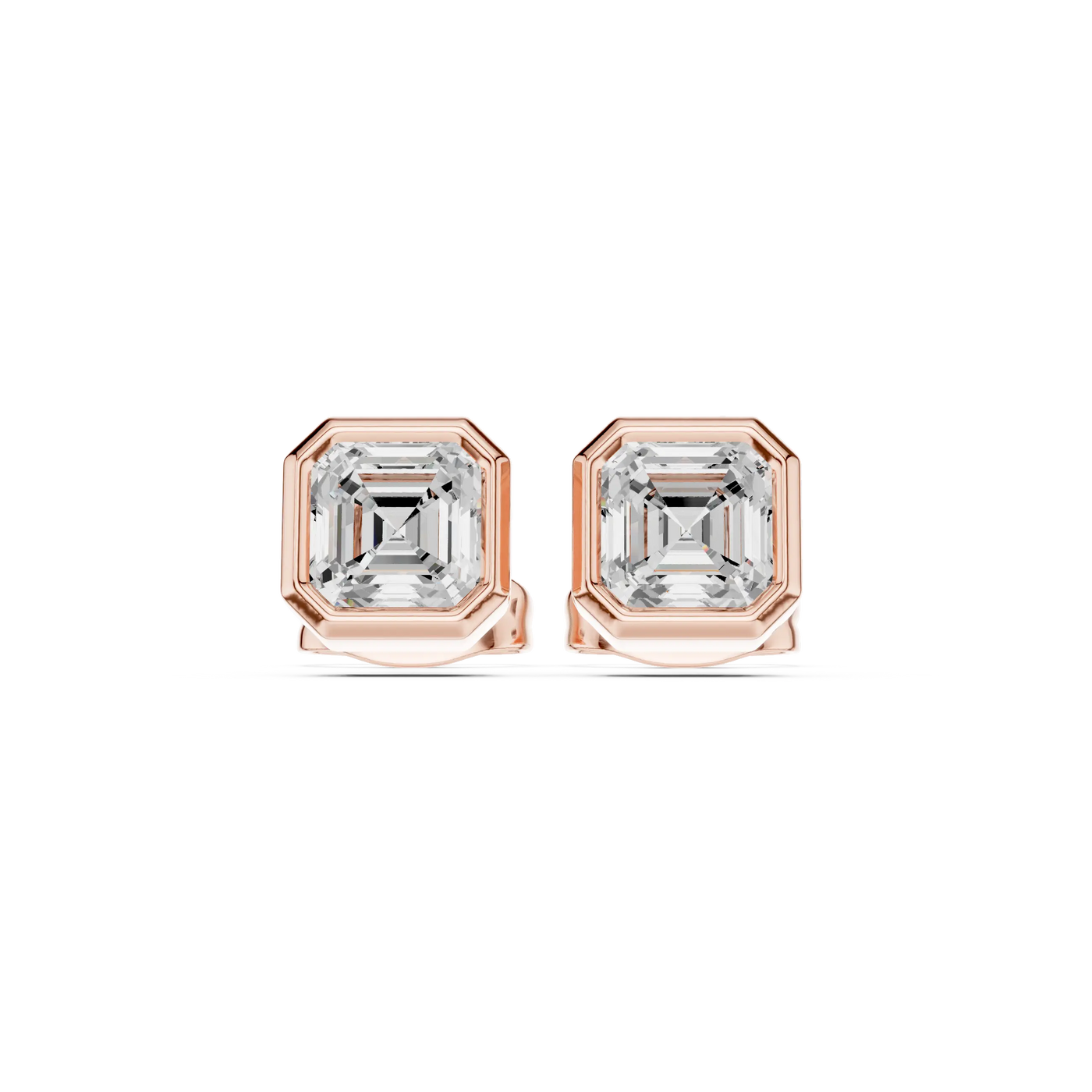 Pair-Shot: Emerald Cut Diamond Earrings with Bezel Setting in 14k Rose Gold - Lab Grown - Driona Jewels