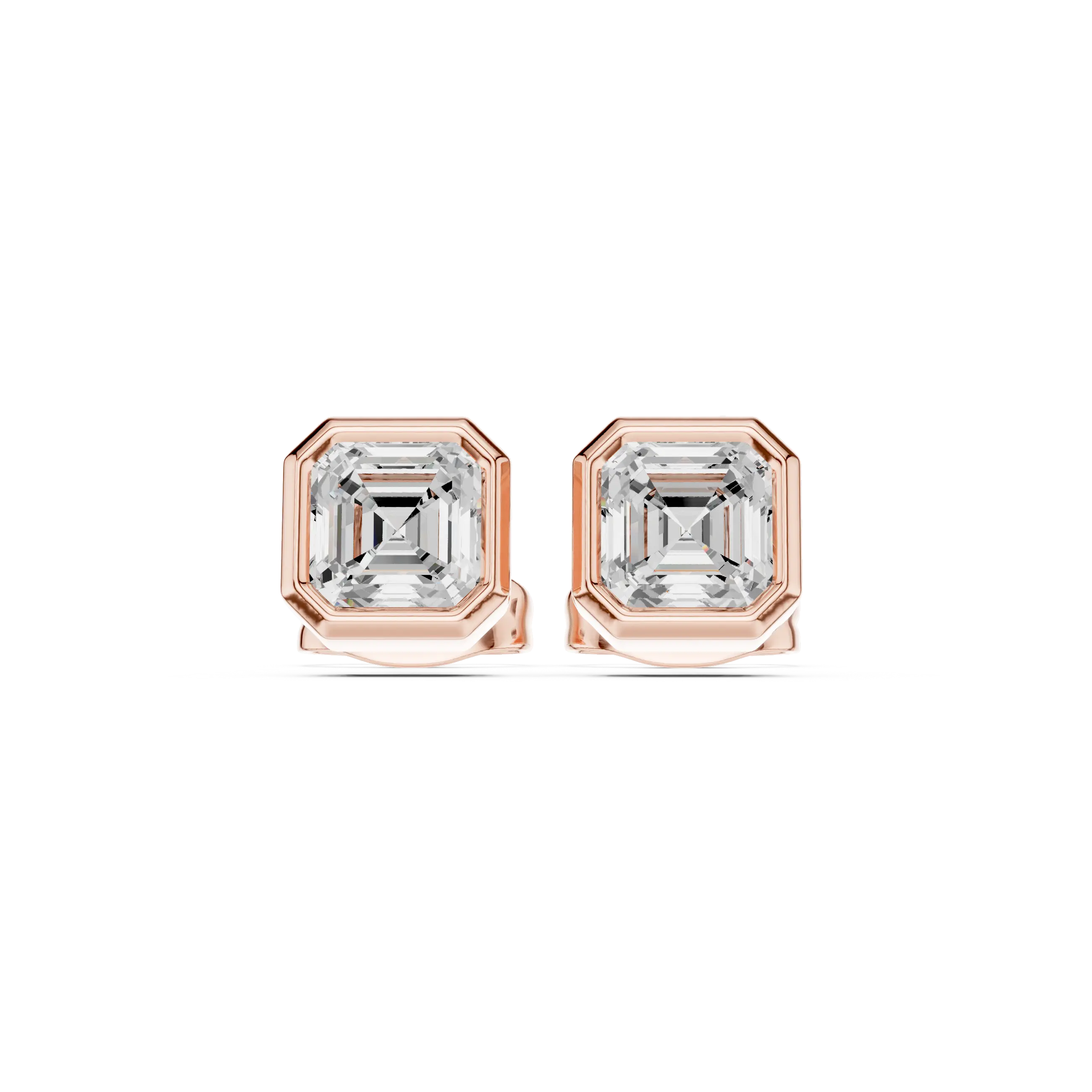 Pair-Shot: Emerald Cut Diamond Earrings with Bezel Setting in 14k Rose Gold - Lab Grown - Driona Jewels