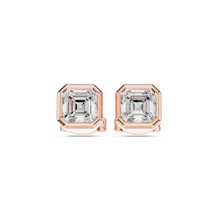 Pair-Shot: Emerald Cut Diamond Earrings with Bezel Setting in 14k Rose Gold - Lab Grown - Driona Jewels