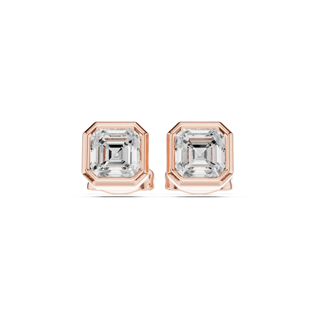 Pair-Shot: Emerald Cut Diamond Earrings with Bezel Setting in 14k Rose Gold - Lab Grown - Driona Jewels