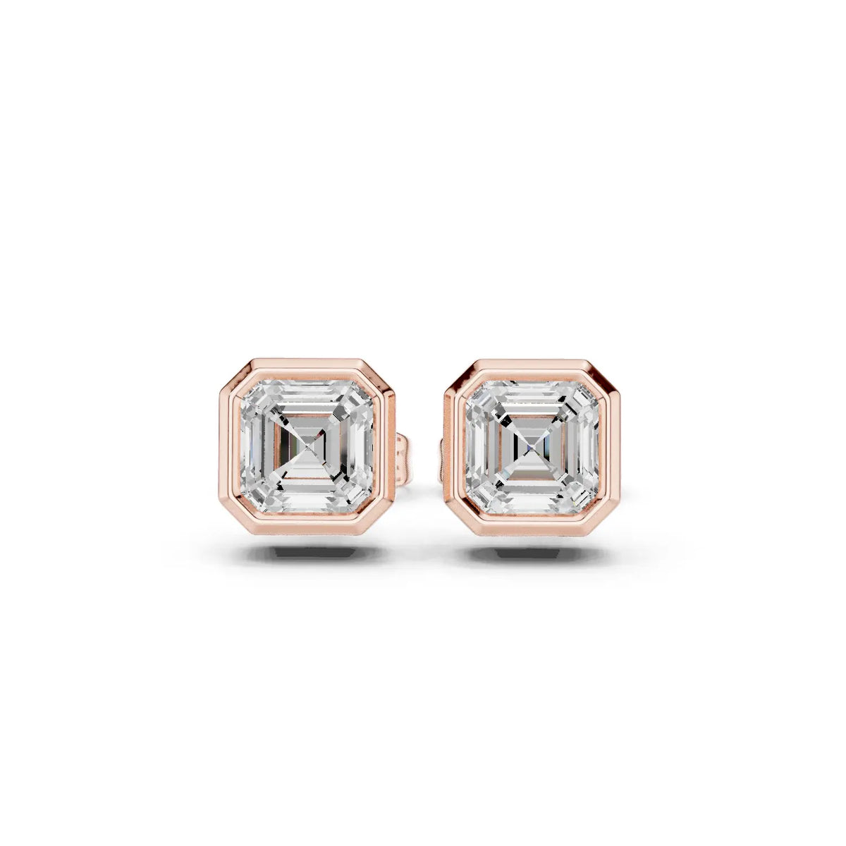 Pair-Shot: Emerald Cut Diamond Studs with Bezel Setting in 14k Rose Gold - Lab Grown - Driona Jewels