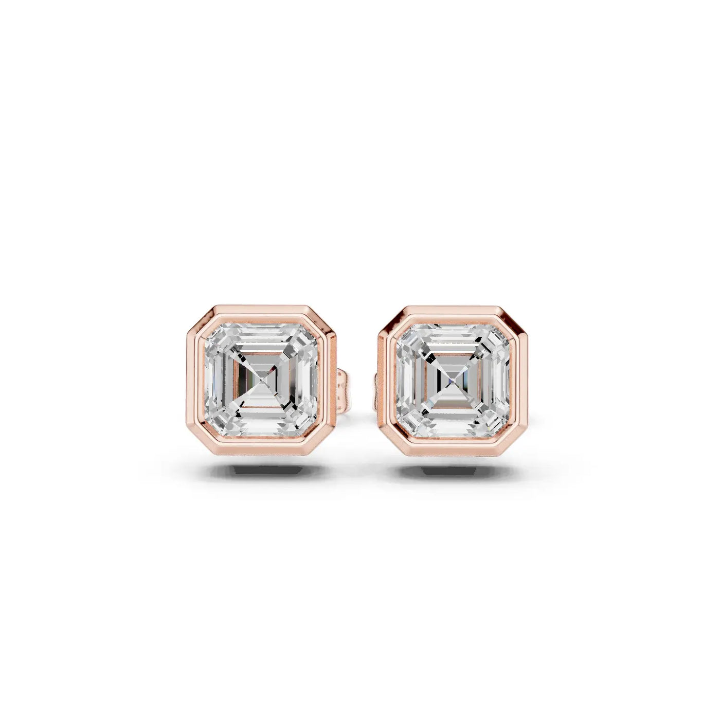 Pair-Shot: Emerald Cut Diamond Studs with Bezel Setting in 14k Rose Gold - Lab Grown - Driona Jewels