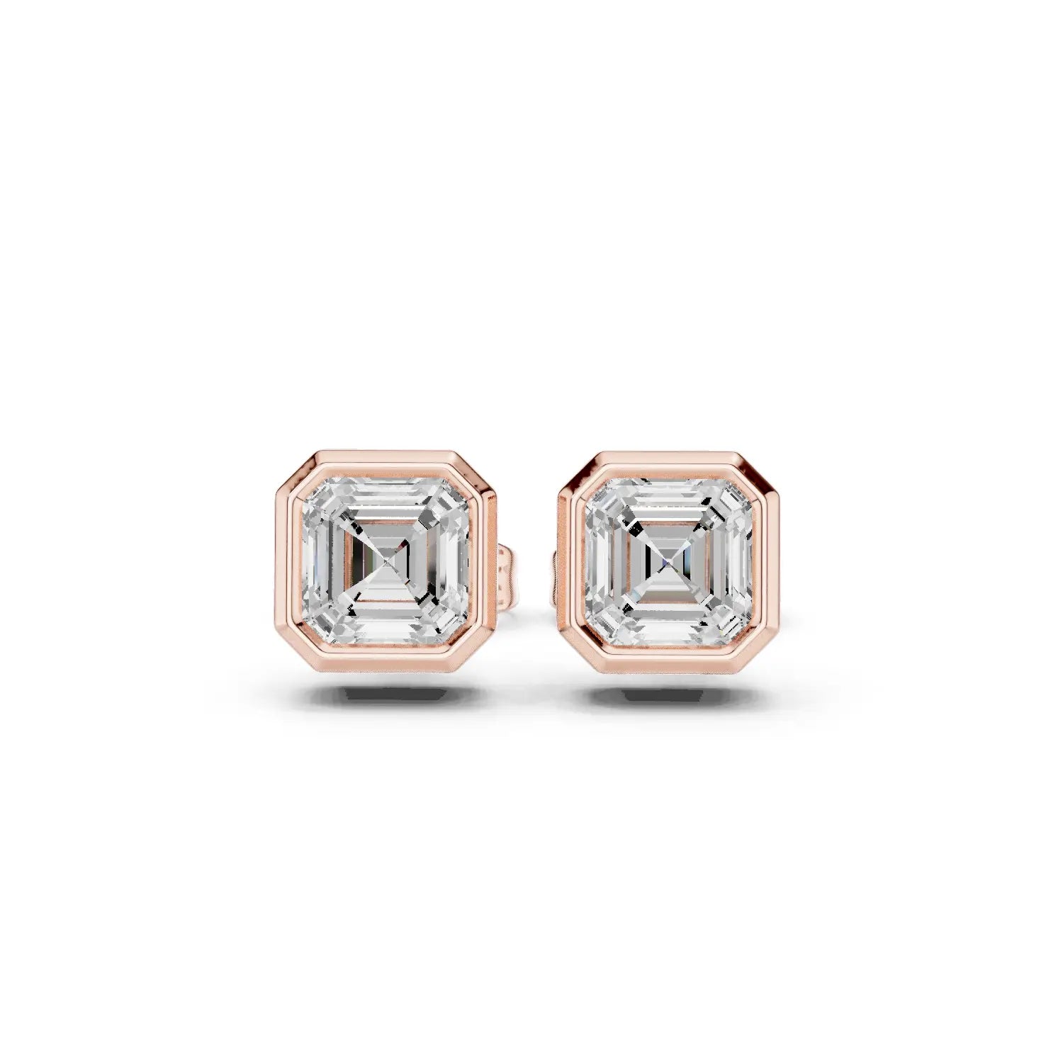 Pair-Shot: Emerald Cut Diamond Studs with Bezel Setting in 14k Rose Gold - Lab Grown - Driona Jewels