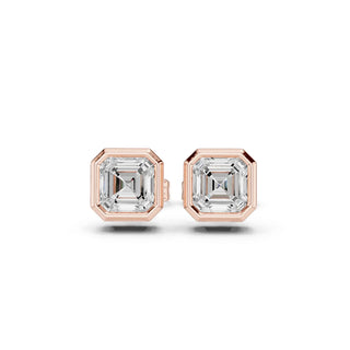 Pair-Shot: Emerald Cut Diamond Studs with Bezel Setting in 14k Rose Gold - Lab Grown - Driona Jewels