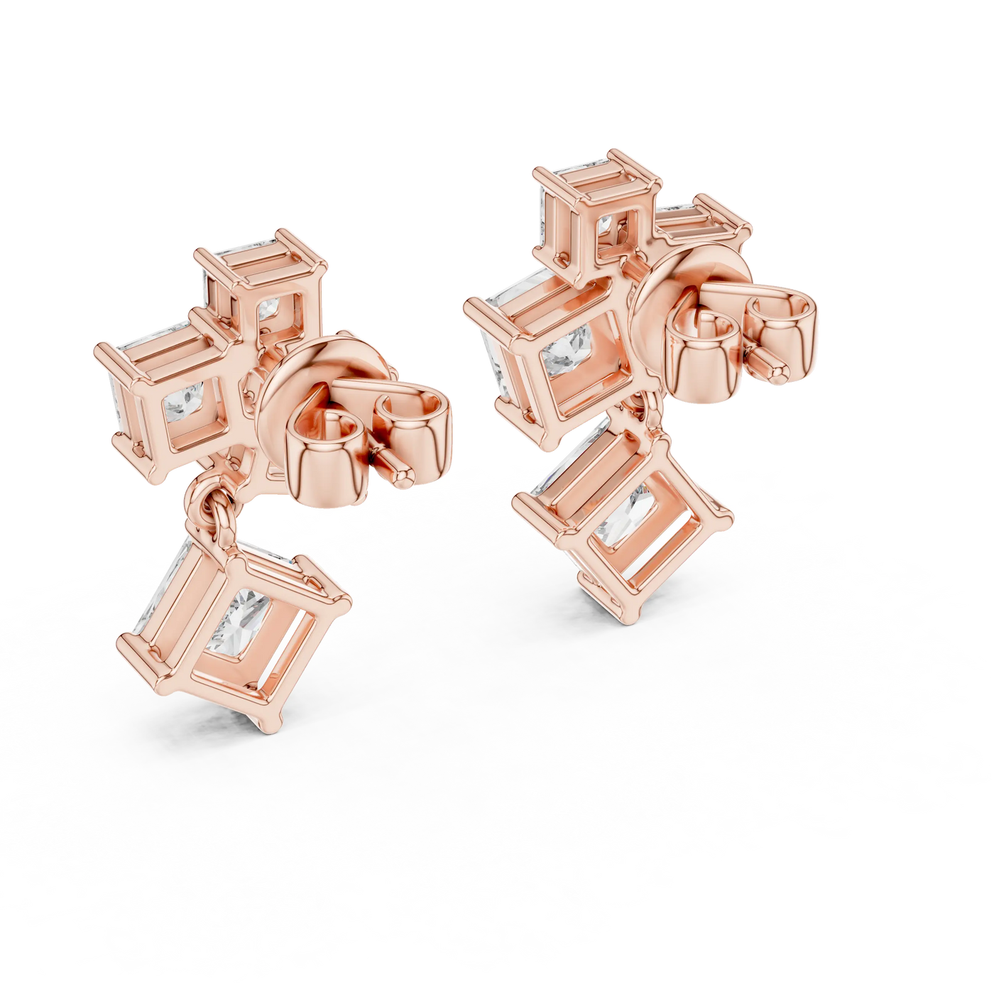 Pair-Shot: Emerald Cut Diamond Earrings with Bezel Setting in 14k Rose Gold - Lab Grown - Driona Jewels
