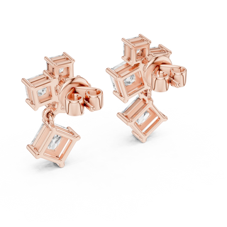 Pair-Shot: Emerald Cut Diamond Earrings with Bezel Setting in 14k Rose Gold - Lab Grown - Driona Jewels