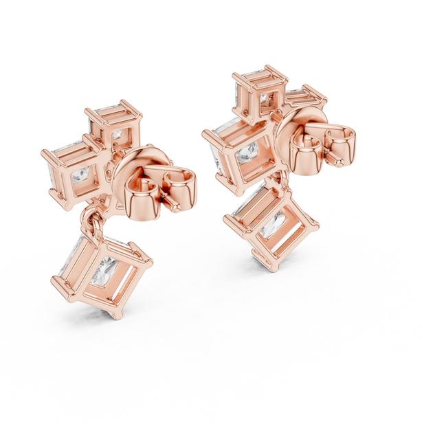 Pair-Shot: Emerald Cut Diamond Earrings with Bezel Setting in 14k Rose Gold - Lab Grown - Driona Jewels