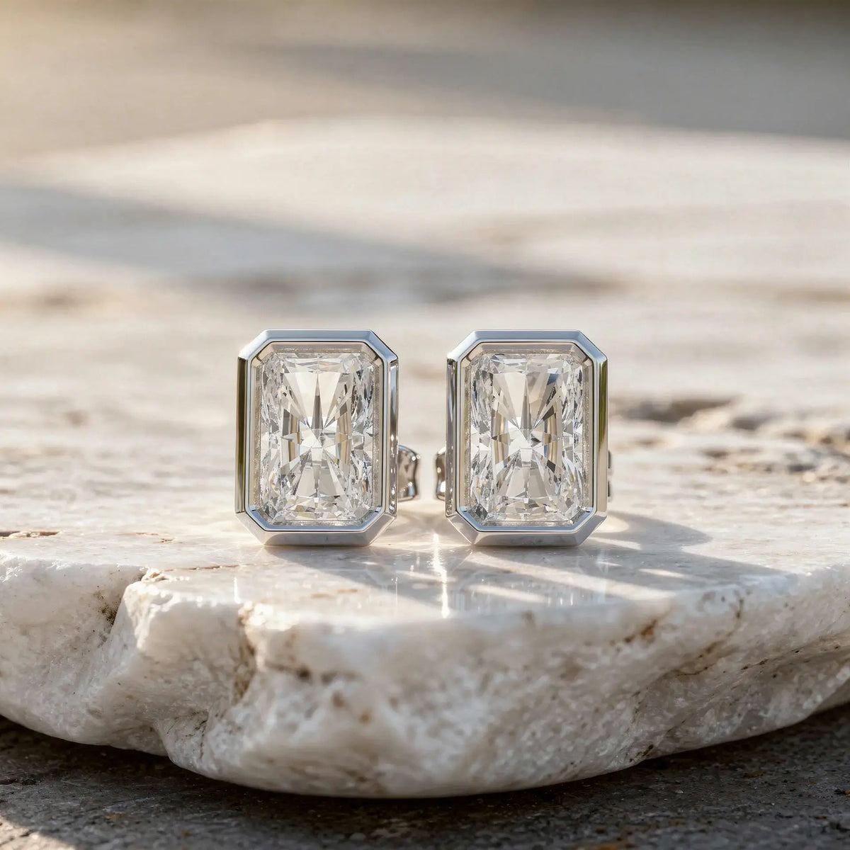 Pair-shot: Emerald Cut Diamond Earrings with Bezel Setting in 14k White Gold - Lab Grown - Driona Jewels