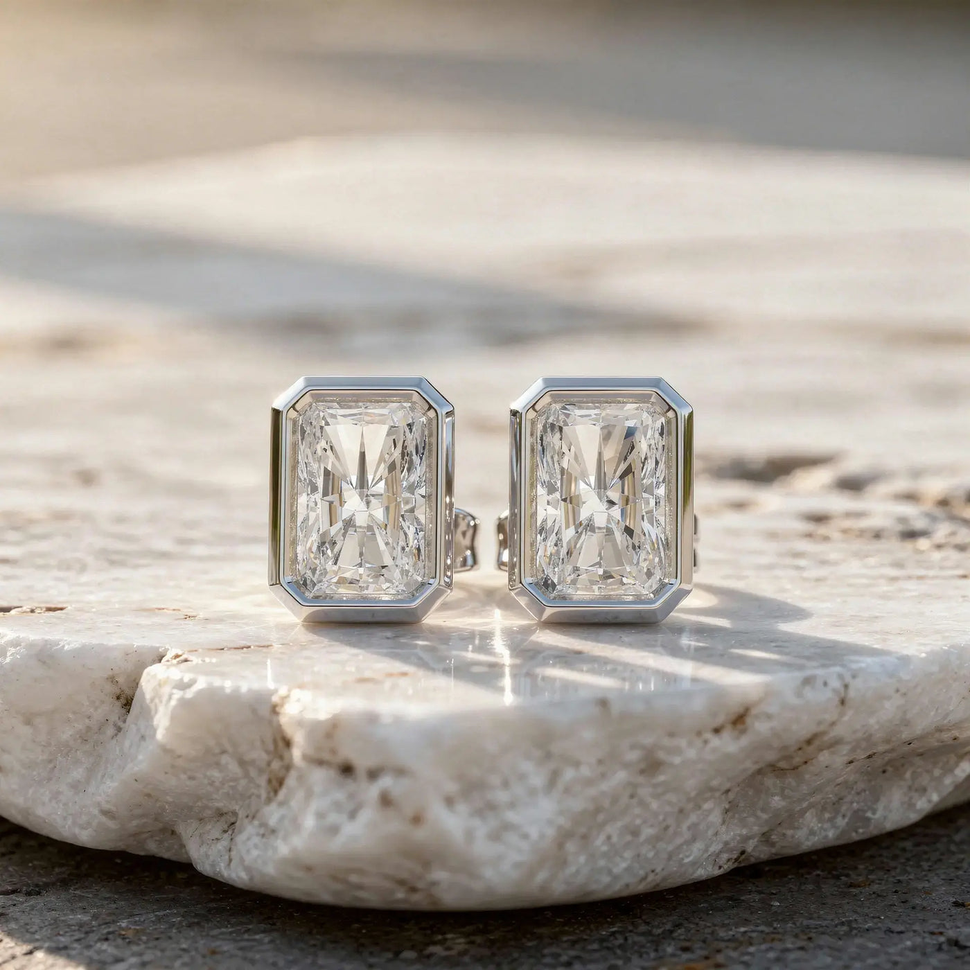 Pair-shot: Emerald Cut Diamond Earrings with Bezel Setting in 14k White Gold - Lab Grown - Driona Jewels